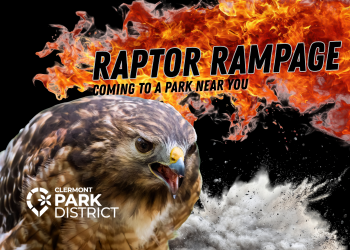 closeup of a hawk with flames and explosions in the background, Raptor Rampage coming to a park near you is in bold black lettering